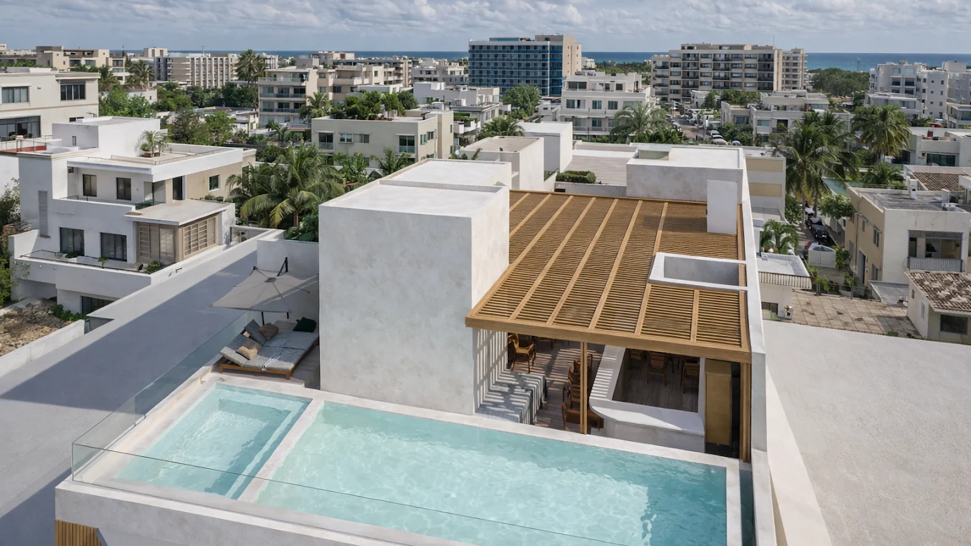 Render de la azotea de Amada Mía: alberca, pérgola de madera y el horizonte de Playa del Carmen