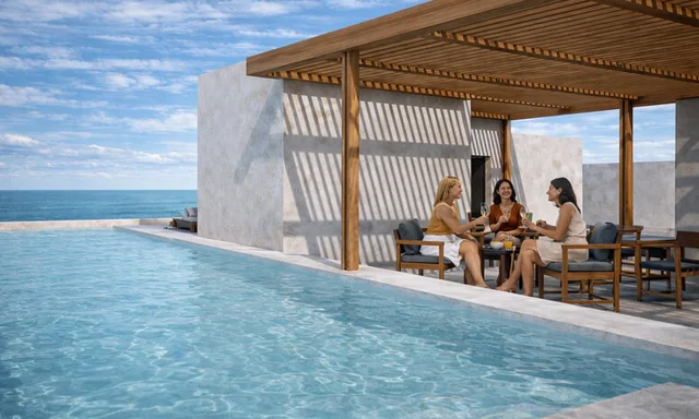 Render de la alberca infinity en el rooftop, con vista al Caribe