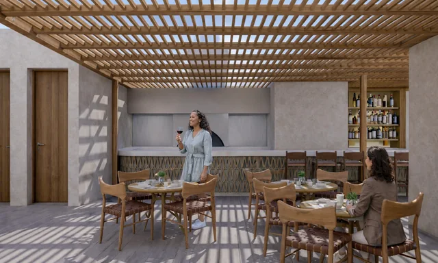 Render del restaurante y bar bajo pérgola de madera