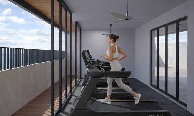 Render del gimnasio con vista al exterior