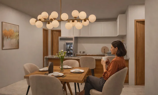 Render del comedor y la cocina de una residencia