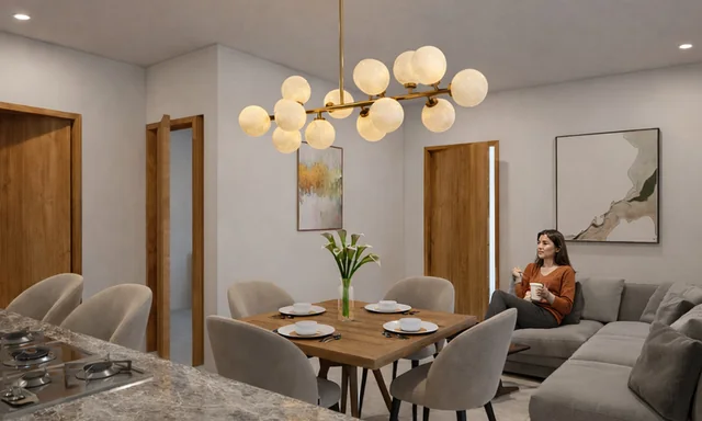 Render de la sala, comedor y cocina integrados