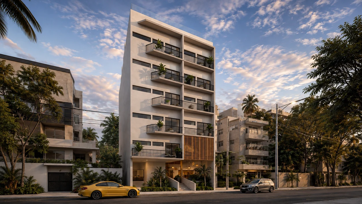 Render de la fachada de Amada Mía sobre la calle, al atardecer