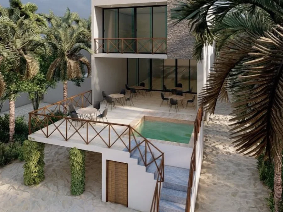 Render aéreo de la casa de San Bruno, con alberca sobre la playa