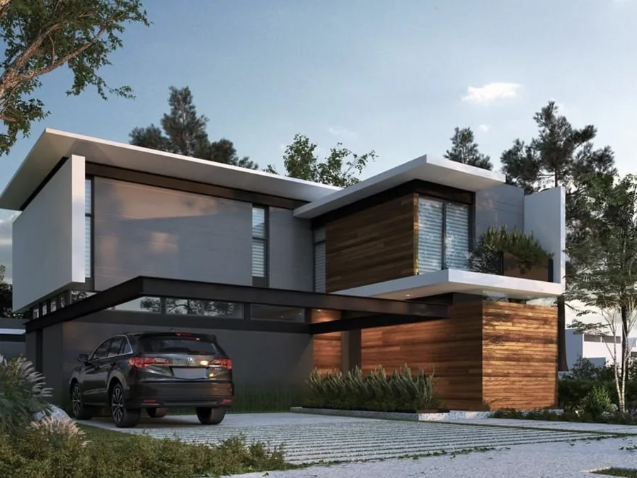 Render de la fachada y el acceso de la casa Vara + González